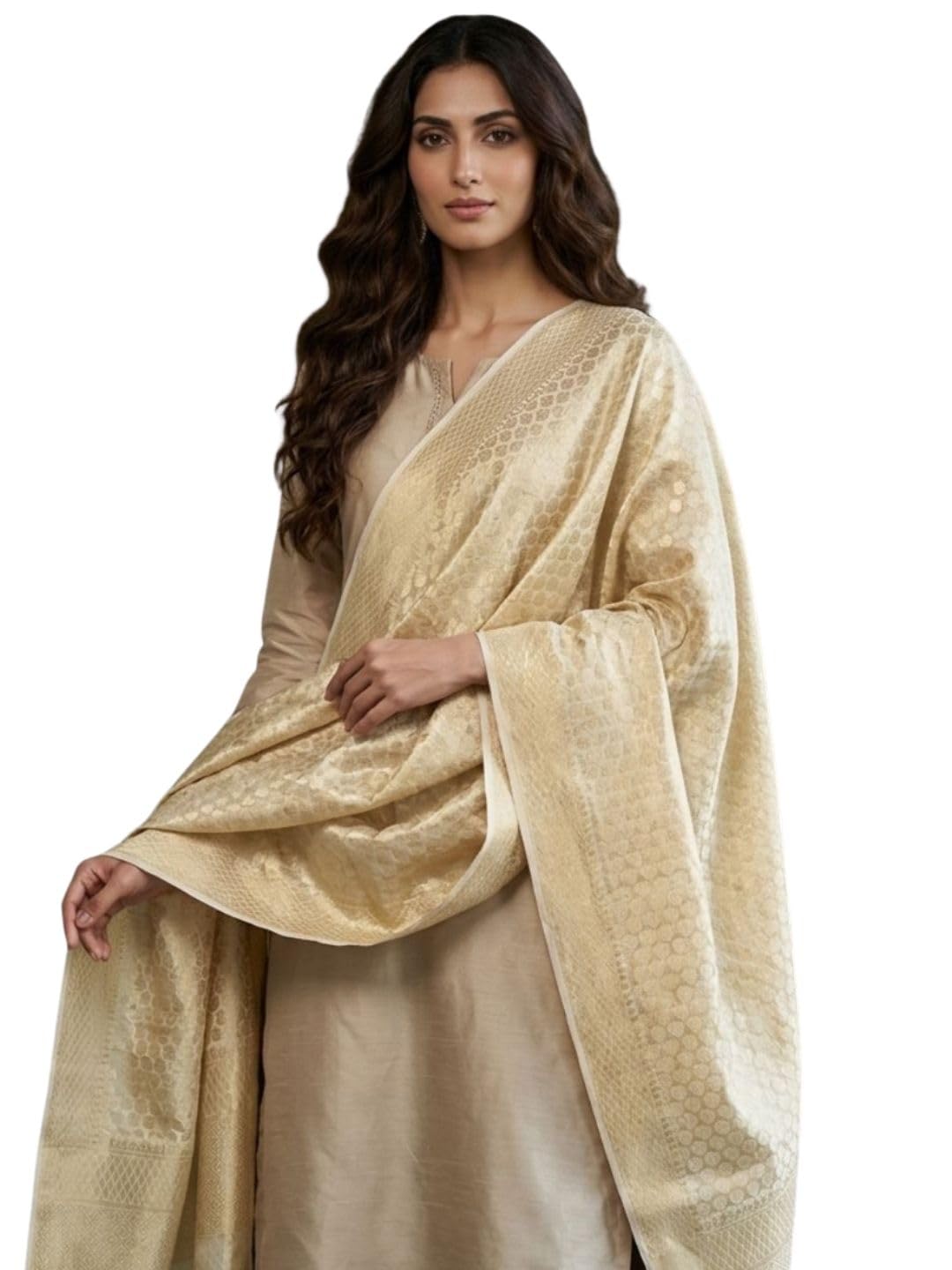dupatta bazaar Women's Banarasi Silk Blend Dupatta | Floral Jaal Woven Design Rich Zari Tasselled Border | Traditional Dupatta for Party Festive Wedding (2.4 Meter, Gold)-picture-38