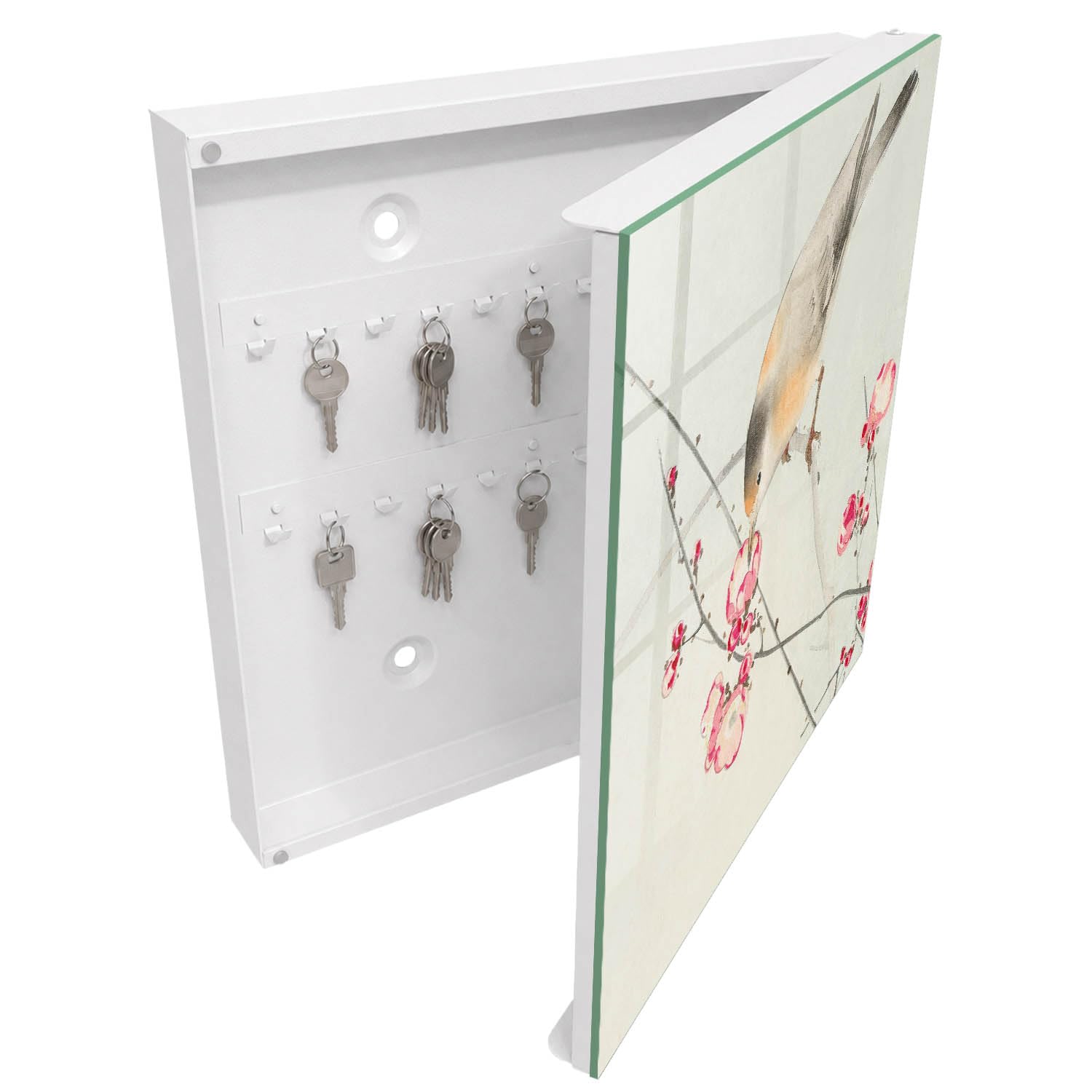 Armadietto Portachiavi 30x30 cm | Bianco | A Destra | Montaggio a Parete | Fiori per uccelli | per Uffici | Tasselli e Viti Inclusi | Frontale Decorativo in Vetro Temperato | in Metallo