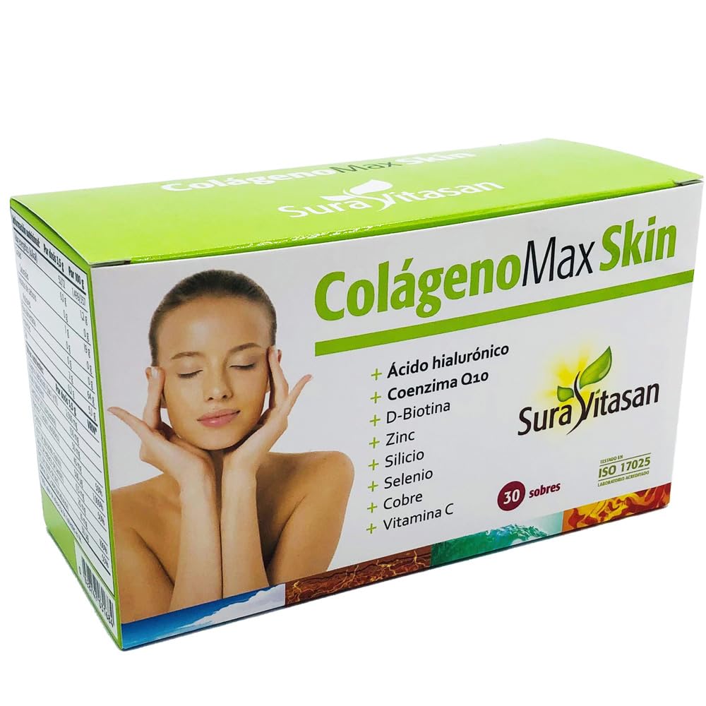 SURA VITASAN Colágeno Max Skin 30 Sobres – Péptidos de Colágeno Bioactivos con Ácido Hialurónico, Coenzima Q10, Biotina y Minerales – Cuidado de Piel, Cabello y Uñas – Sabor Natural a Maracuyá