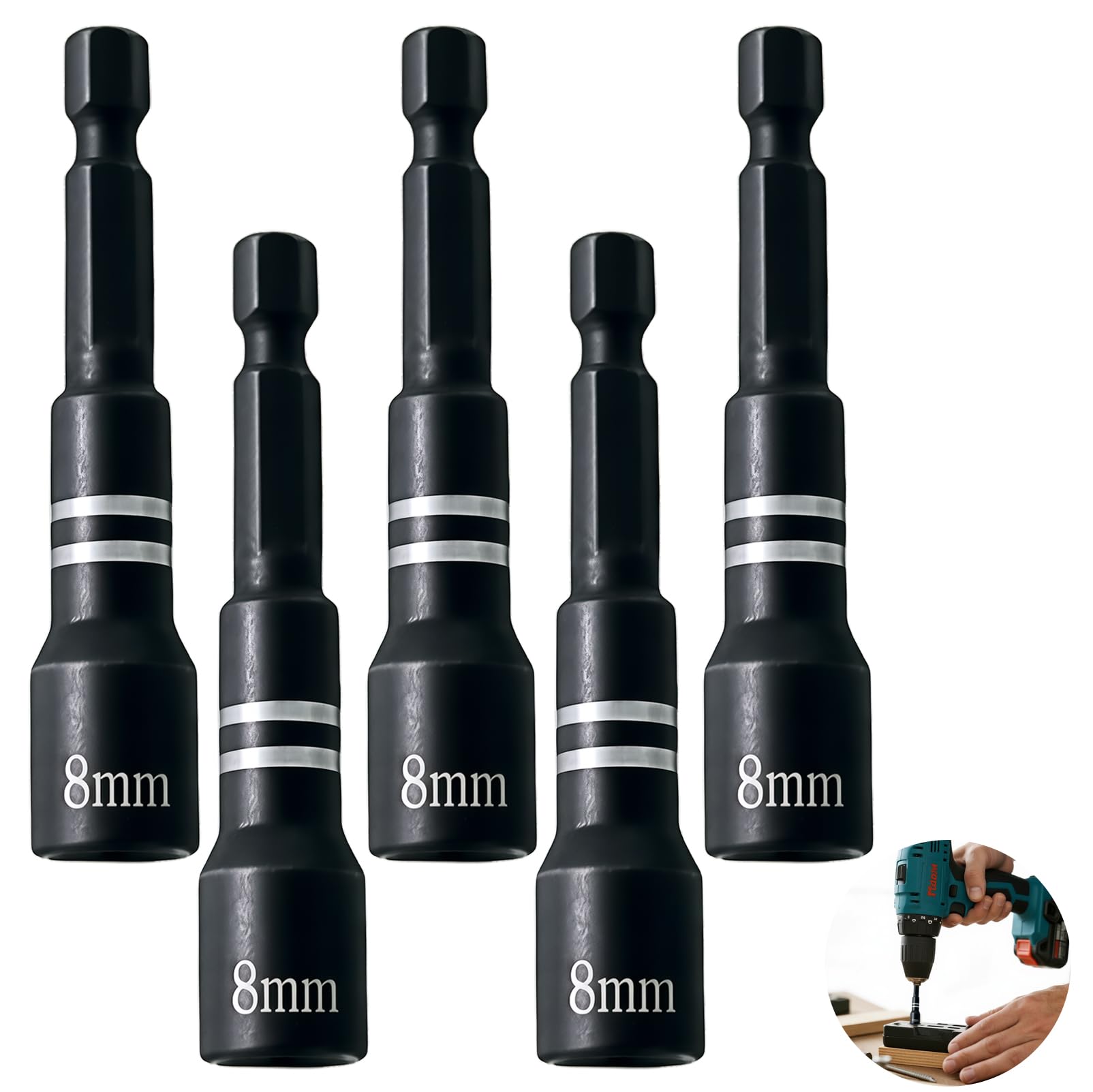 5pcs 1/4" Hex Shank 8mm Magnetic Hex Socket, Magnetic Nut Driver 65mm Length Magnetics Nut Setter Driver Drill Bit Set for Impact Tools, Electric Screwdriver, Auto Repair, Woodworking (Blcak) — image 1
