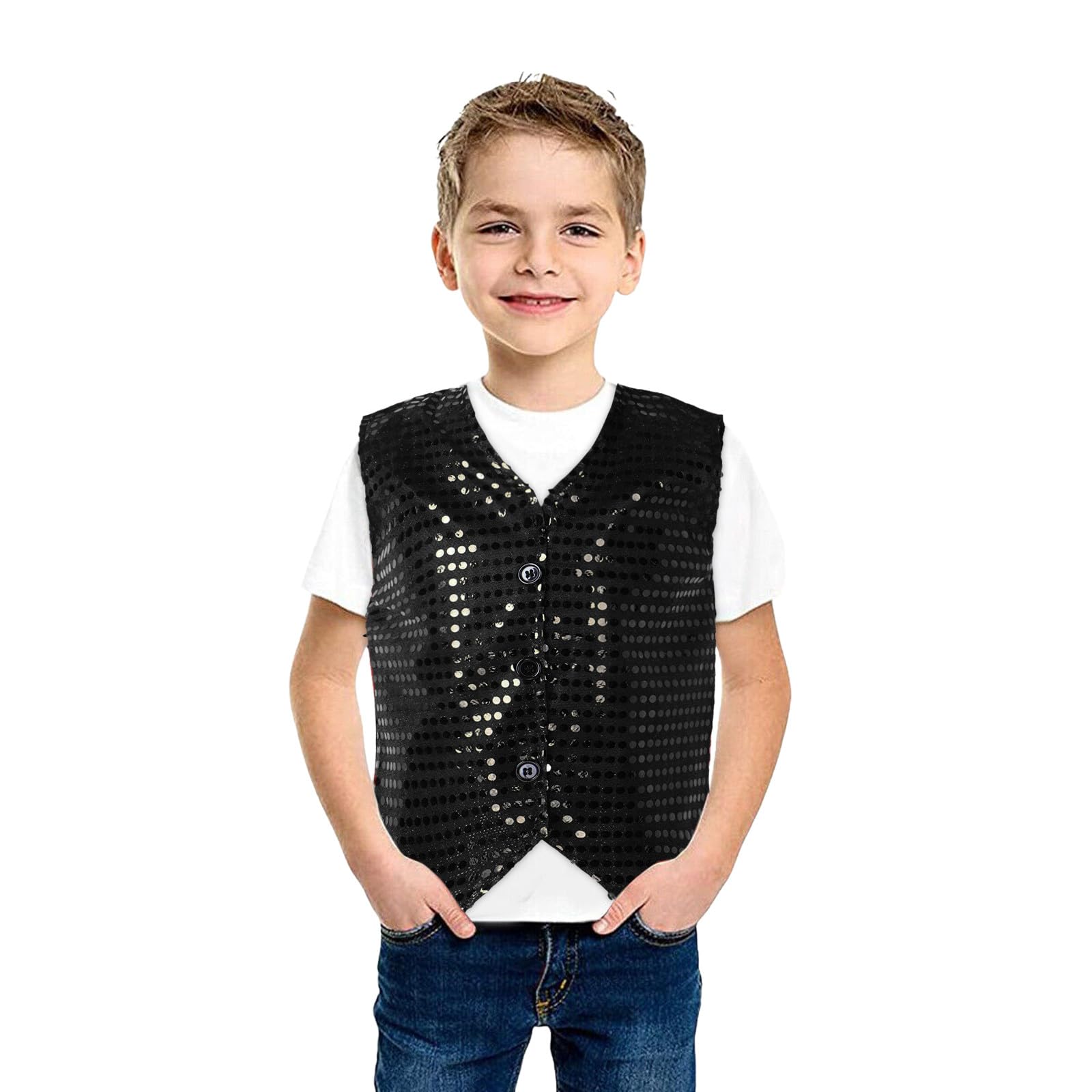 Unisex Sequin Vest Waistcoat Dance Party Show Costume Boys Girls UK Jacket Top Kids Shiny Sequin Dance Vest Jazz Hip Hop Ballet Dance Performance Costume for Party Fancy Dress Up Hip Hop Jazz Black