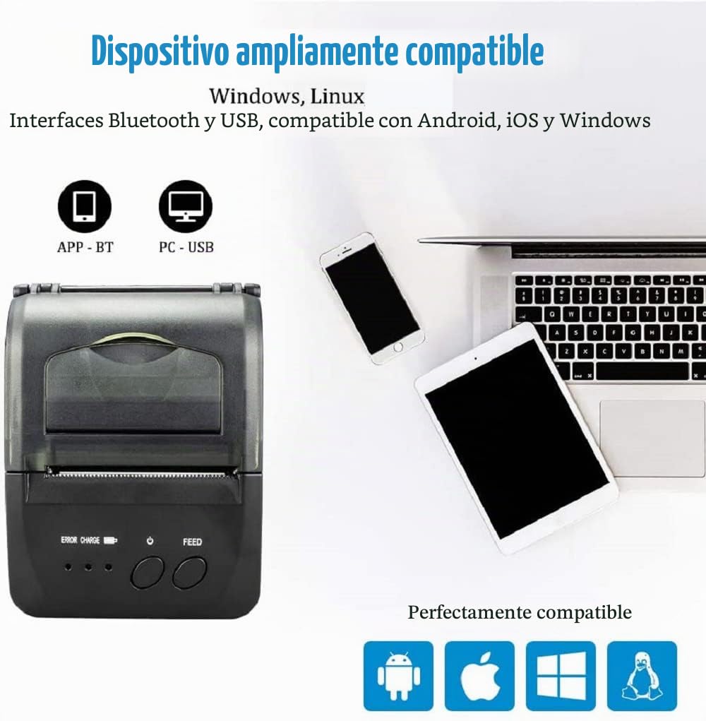 NETUM Impresora térmica inalámbrica Bluetooth de Recibos, portátil, 2 Pulgadas, 58 mm, Mini Impresora USB POS para Soporte de Ventas de restaurantes Android/iOS/PC/Windows/Linux