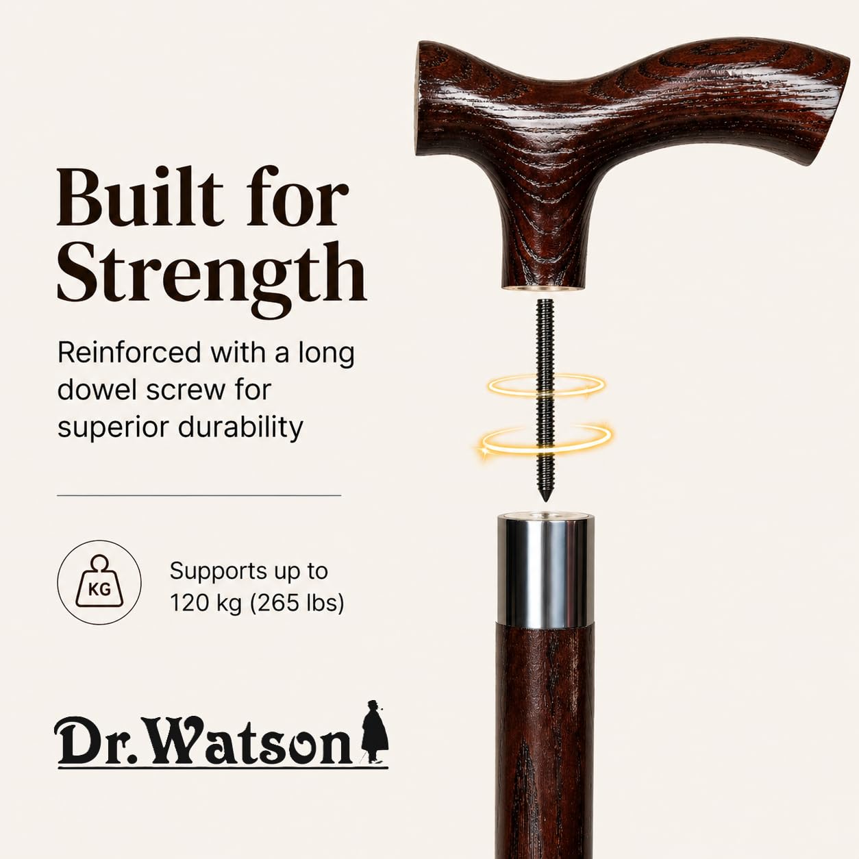 Dr. Watson Classic Fritz Walking Stick – Handcrafted Ash Wood Cane with Polished Stainless Steel Collar