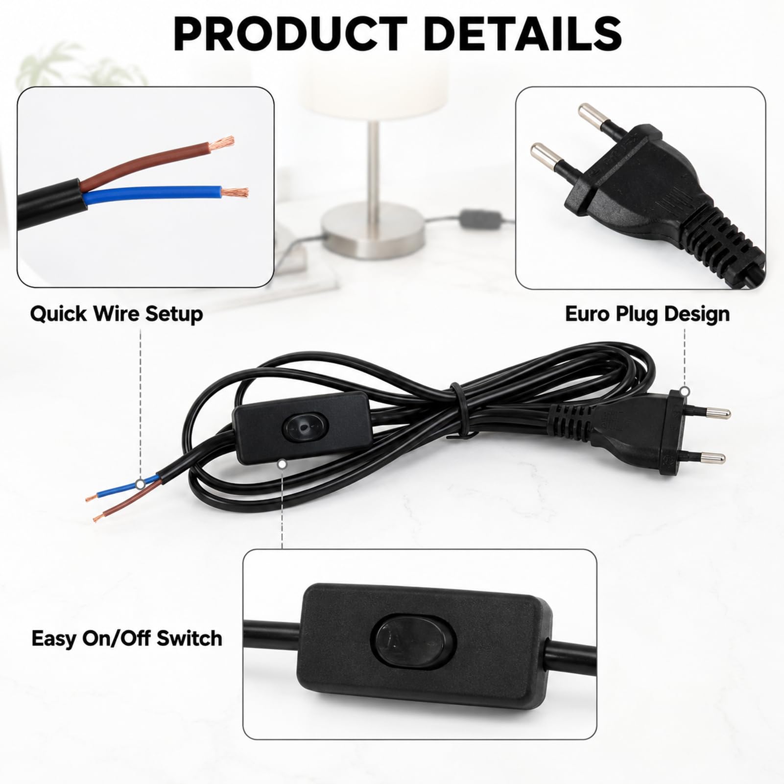 3 Stück Kabel mit Schalter und Stecker, Lampenkabel mit Schalter 1,8 m, Stromkabel Verlängerung für Lampen, Tischlampen Stehlampen Innenbereich PVC-Mantel Kupferkern 220V 100W Ein/Aus, DIY Beleuchtung