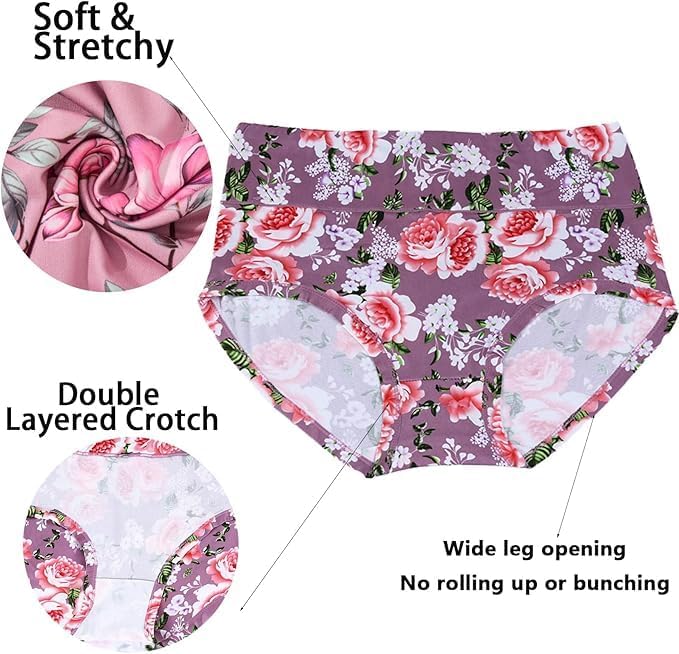 Women's Underwear Plus Size XL-6XL Panties Briefs High Waist Rose Floral Print 6 Pack Undies - Image 5