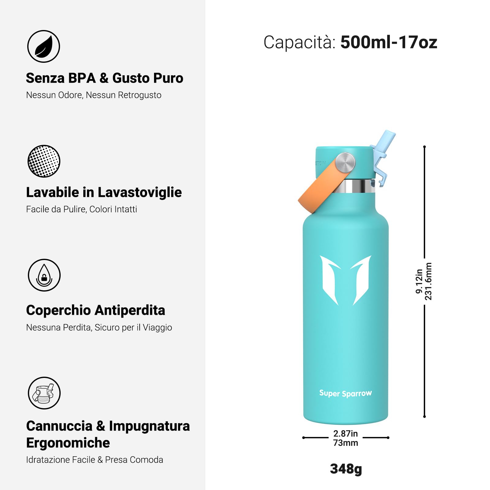 Super Sparrow Borraccia Termica, Acciaio Inox Bottiglia Termica - 350ml, 500ml, 750ml, 1L, 1.2L - Senza BPA Borracce, Borraccia Bambini per Scuola, Sport, Campeggio, Yoga, Palestra, Ciclismo