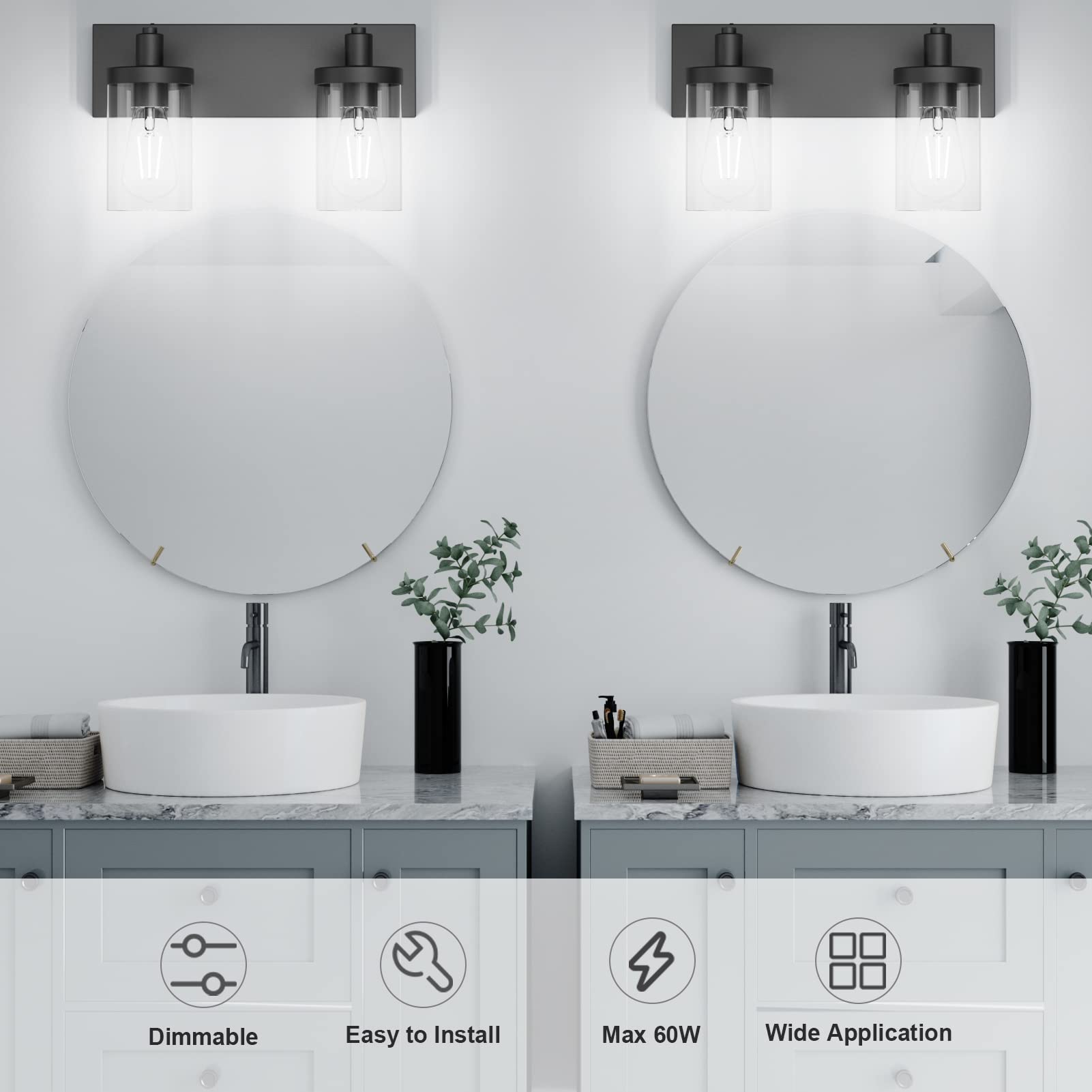 Aipsun Black Bathroom Light Fixtures Vintage Vanity Light for Bathroom Industrial Wall Sconce with Clear Glass Shade(Exclude Bulb)