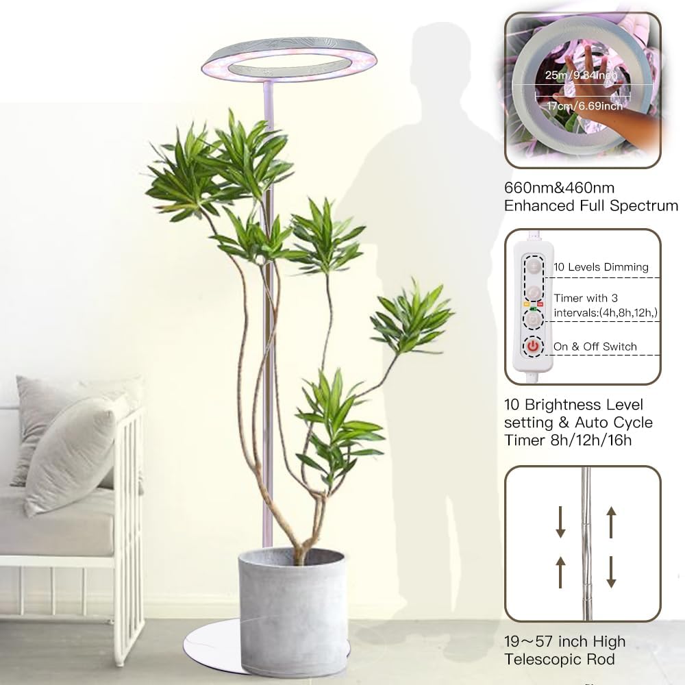 Qux 10” Halo Pro Grow Light,Full Spectrum LED Freestanting Plant Grow Lamp for Indoor Larger Plants with 3 Kind of Light Colors switchover & 10-Level Dimmable,Auto On Off Timing 4/8/12Hrs (Relief)