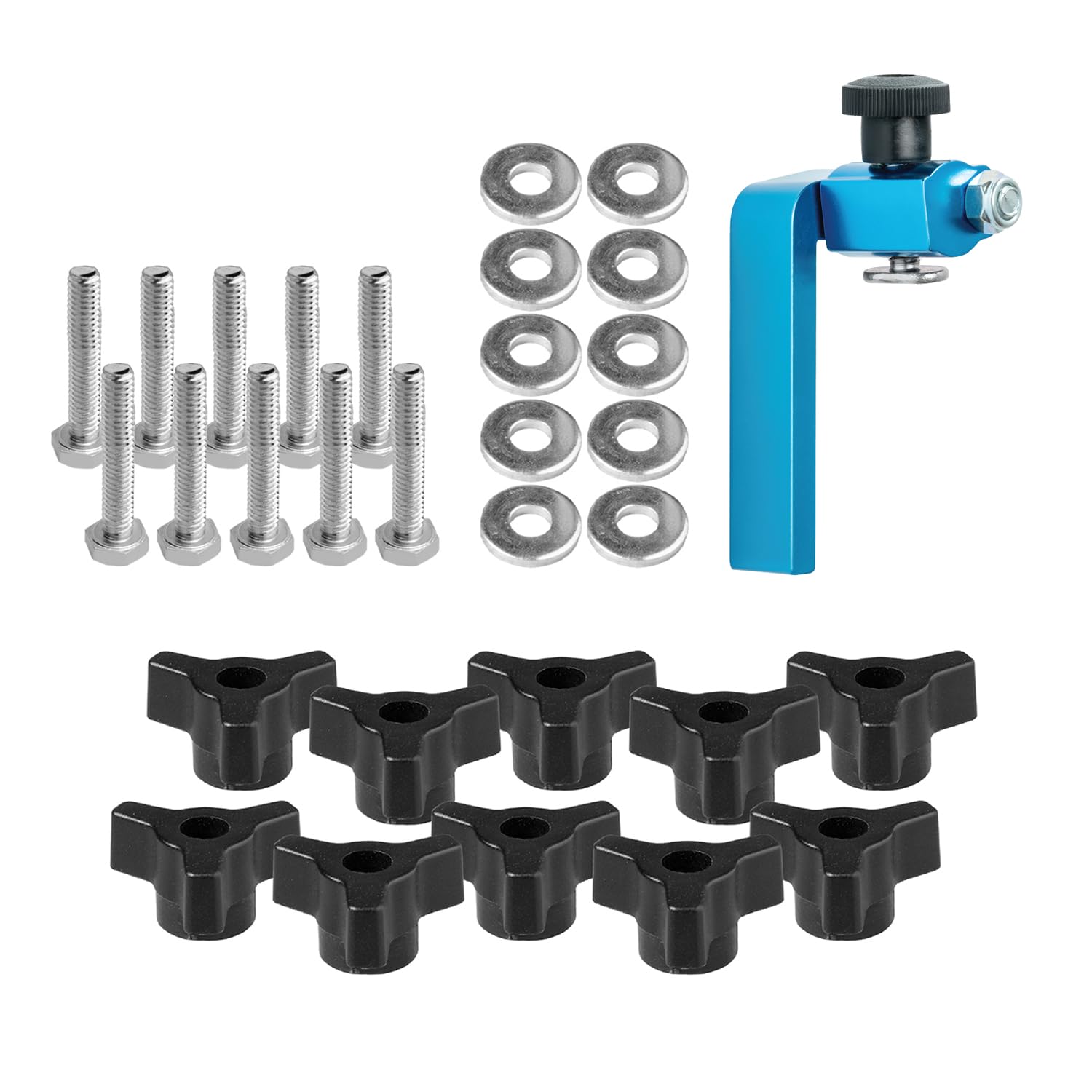 POWERTEC 71888 T-Track Knobs Kit and 3" Fence Flip Stop, with 1/4"-20 x 1-1/2" Hex Bolts & 1/4" Washers, T Track Kit, T Track Accessories for Woodworking Jigs and Fixtures