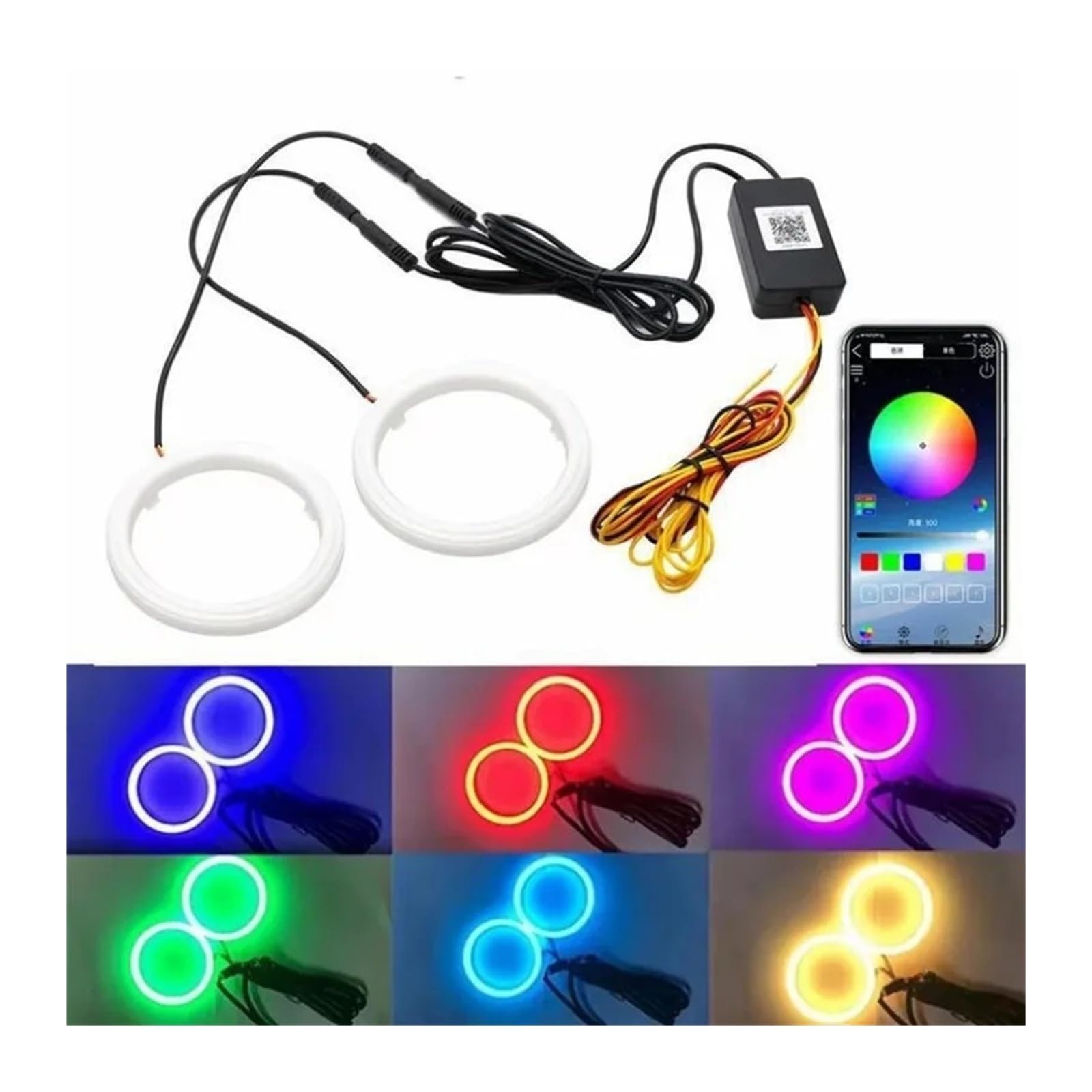 2 szt. RGB Bluetooth Angel Eye Halo Ring DRL Turn Signal Cotton 12 V (1 w 2, RGB APP_100 mm)