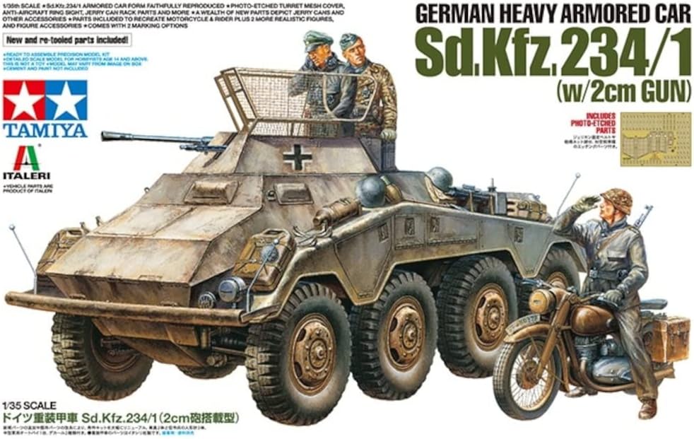 Tamiya 37019-000 1/35 Italericies No. 19 German Heavy Armor Car Sd.Kfz.234/1 (0.8 inch (2 cm) Gun Mounted), Plastic Model, Molded Color