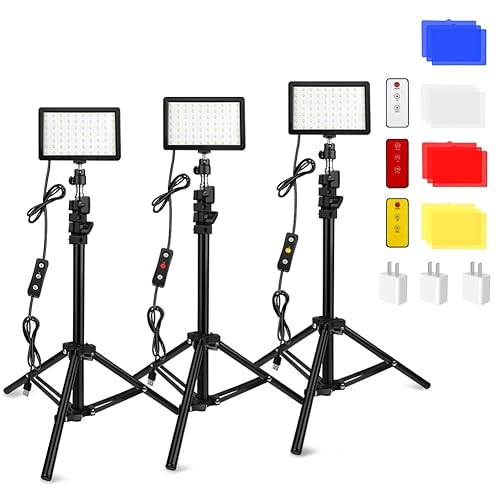 3 Packs 70 LED Video Light with Adjustable Tripod Stand/Color Filters, Obeamiu 5600K USB Studio Lighting Kit for Tablet/Low Angle Shooting, Collection Portrait YouTube Photography, Wall Charger - Light with Remote Control/Wall Charger