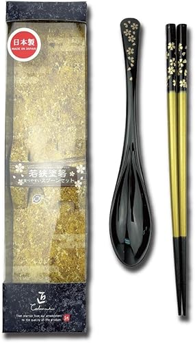 Palillos japoneses prémium con cuchara reutilizables fabricados en Japón Palillos de madera de laca tradicional B (flor de cerezo BK(TSS05))