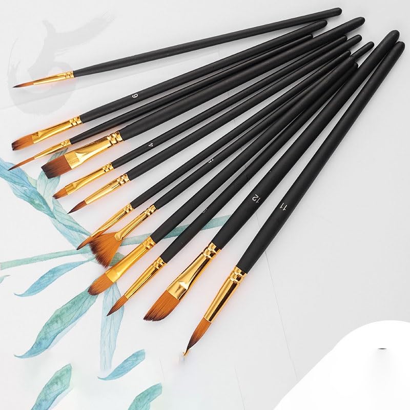 Ensemble De 12 Pinceaux en Nylon, Pinceaux en Bois Massif pour Peinture Acrylique, pour Artistes Et Étudiants.