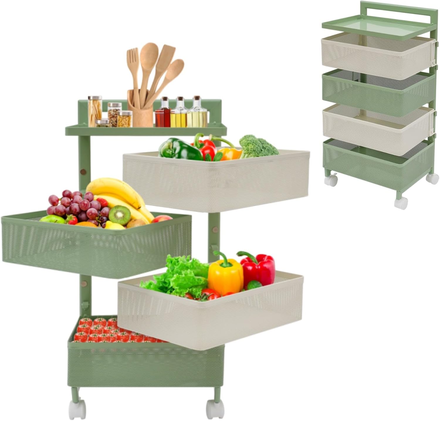 4 Tier Rotating Kitchen Storage Rack Cart with Wire Basket, Carbon Steel Fruit and Vegetable Baskets Bowls for Kitchen with Wheels & Top Lid, Rolling Storage Cart for Cans Snacks (Green)