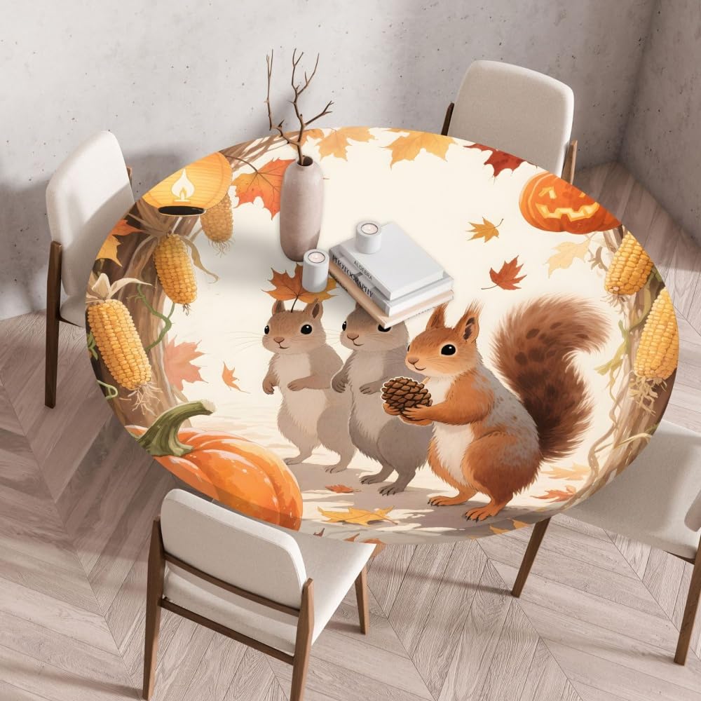 Odot Elastic Edged Round Fitted Tablecloth Autumn squirrels Protector Wipeable Circle Tablecloth, Table Cover Wipe Clean for Kitchen Dining Room Picnic Tabletop (Maple Pumpkin 6,100cm) — image 1