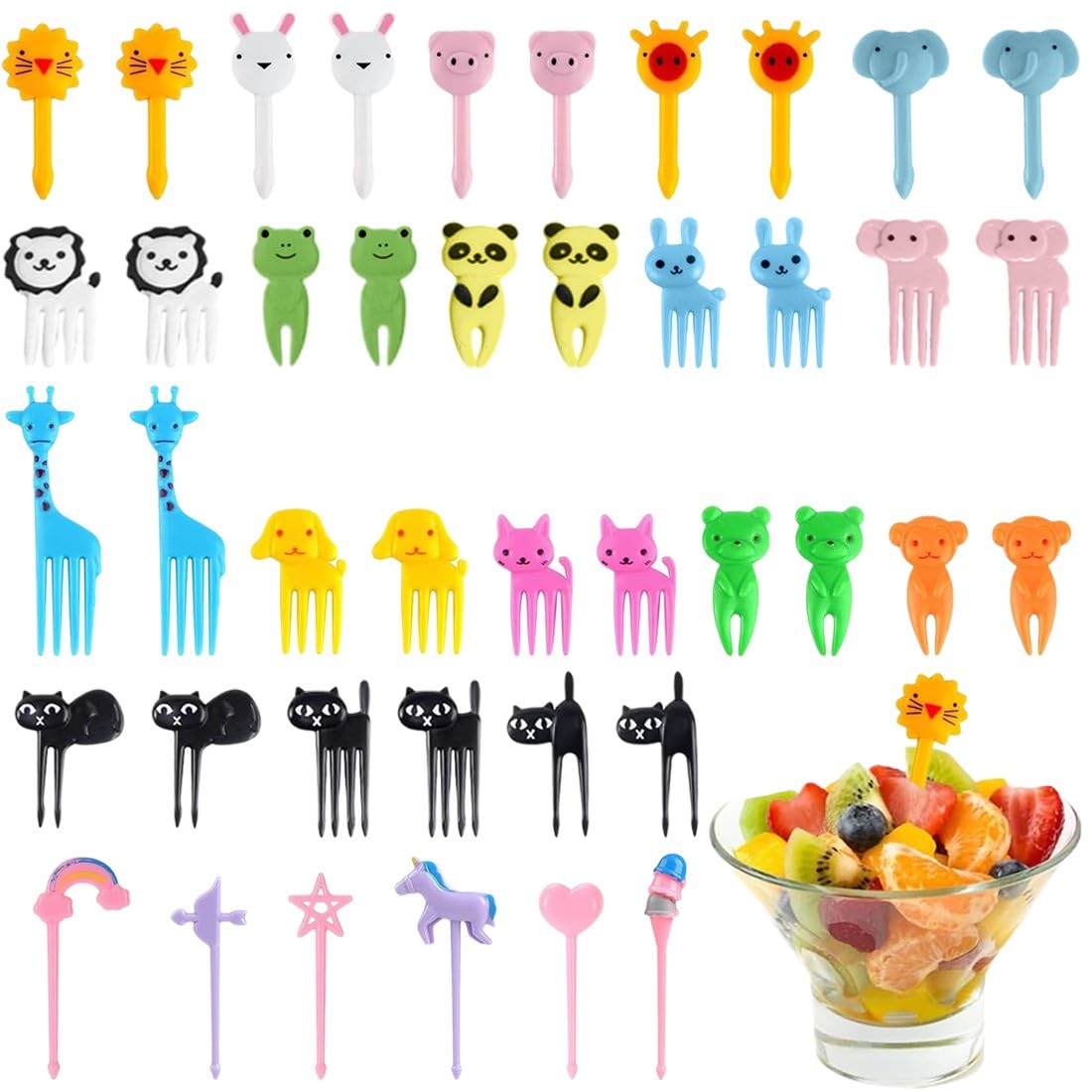 Mini Cartoon Bento Obstgabeln，42 Stück Zahnstocher FüR Kinder Food Kuchen Picks，Wiederverwendbar，Obst Zahnstocher für Kinderparty，Lunch-Box Party