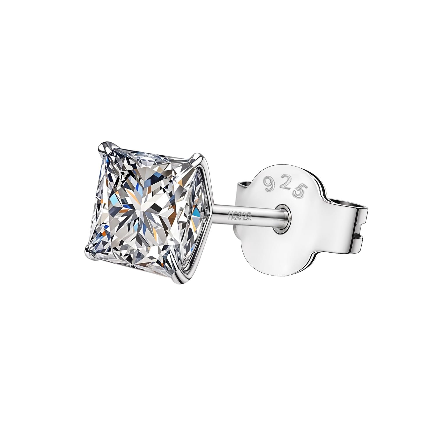 highspark 925 Silver Princess Cut Solitaire Stud Earring | 92.5 Sterling Silver & Diamond Like Brilliance Zirconia Square Top | Single Stud for Men | 5mm-picture-24