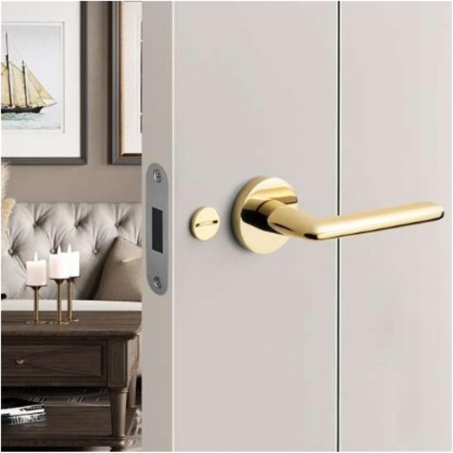 Minimalist Door Lock Indoor Bedroom Door Lock Door Handle Modern Magnetic Silent Lock Ecological Wooden Door Lock zinc Alloy Lock(Bright Chrome)