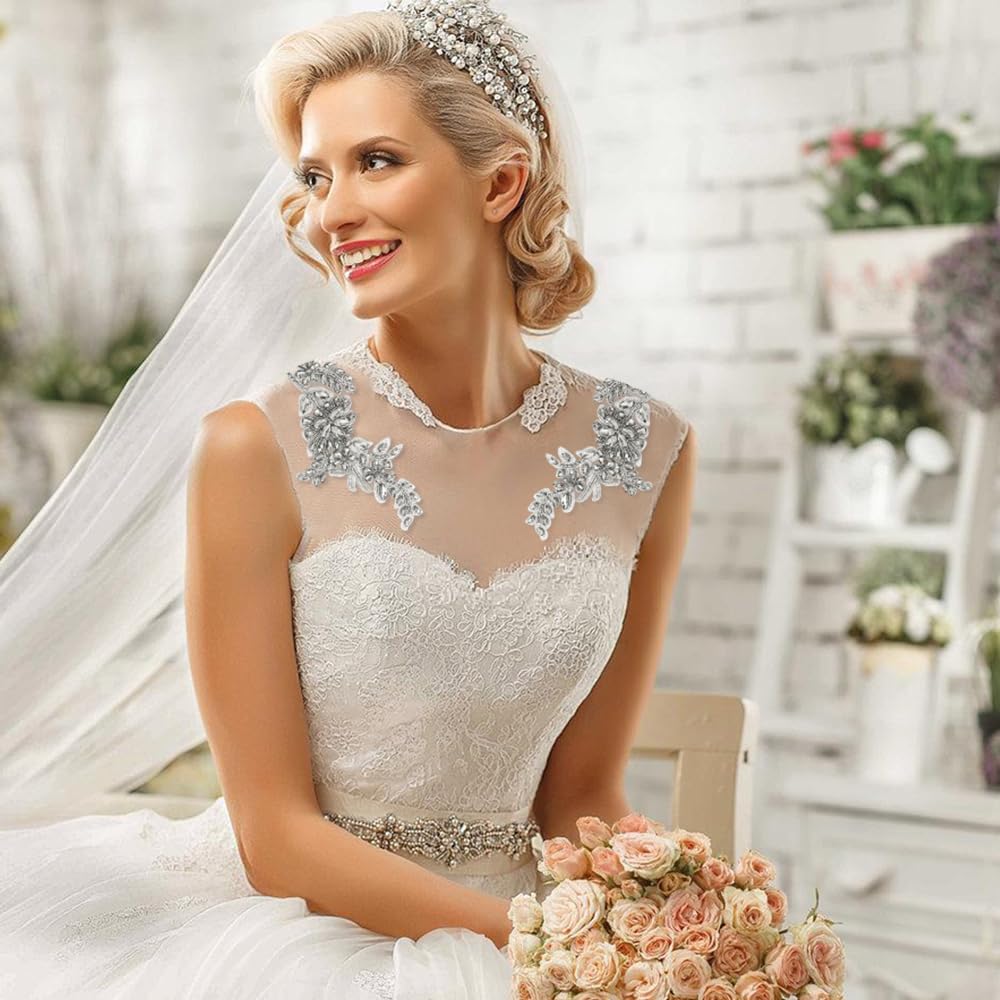Strass Applikation, 2 Stück Stickerei Spitze Aufnäher, Handgefertigt Nähen Flicken für Hochzeitskleid, Brautschleier, DIY-Kleidungsdekoration