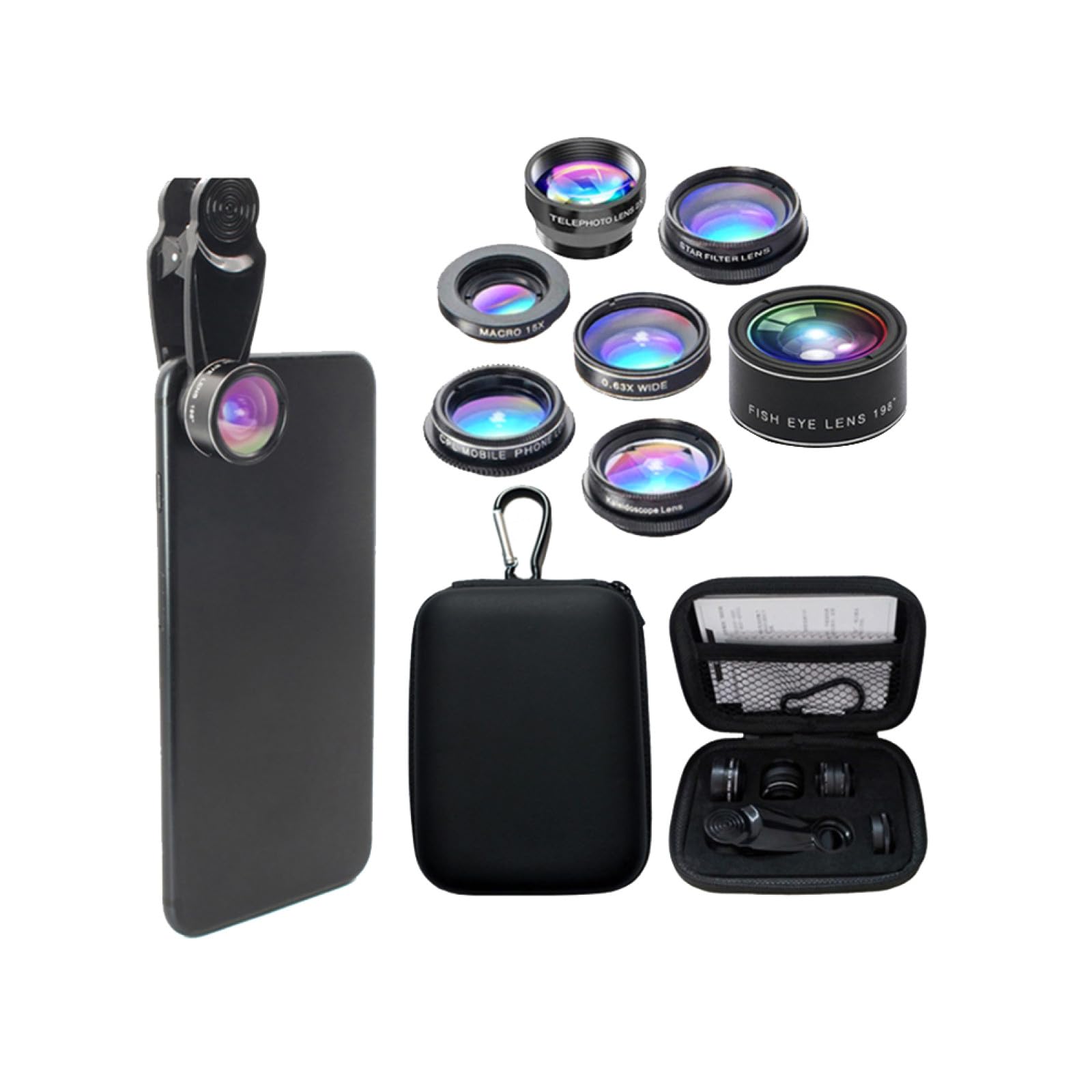Set di Lenti per Smartphone 7 in 1 Clip, Metallo e Vetro | Nero, Riduce i Riflessi Sul Vetro, Alta Definizione, per Smart Phone e Telefono, Accessorio Fotografico