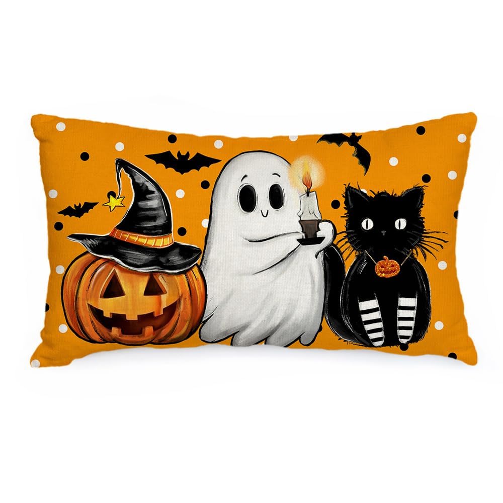 Halloween Pillow Cover 12x20 Inch - Pumpkin Cat Ghost Bat Burlap Style Decor For Sofa (Orange) - View #10