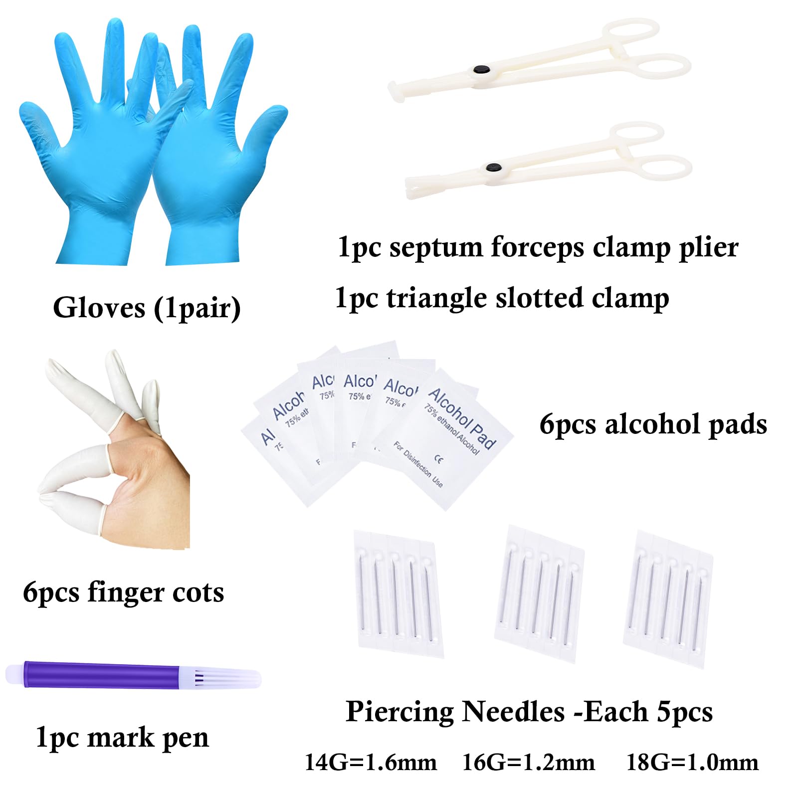WillTen 100PCS Piercing Kits für alle Piercings, 12G 14G 16G Piercing Set Werkzeuge für Nase Septum Bauchnabel Lippe Zunge Knorpel Ohr Tragus Helix Piercing mit Piercing Schmuck Klemmen Tool Kit