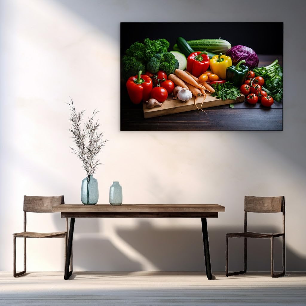 Canvas for Living room. A Bounty of Freshness: An Artful Array of Vegetables on a Rustic Wooden Table, 27 x 18 inch Canvas Wall Art - Ready to Hang