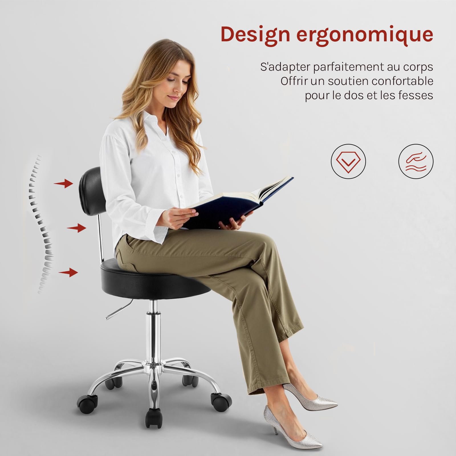 WOLTU Tabouret de Bureau Tabouret à roulettes avec Dossier,Chaise pivotante Chaise de Bureau Hauteur réglable,Noir