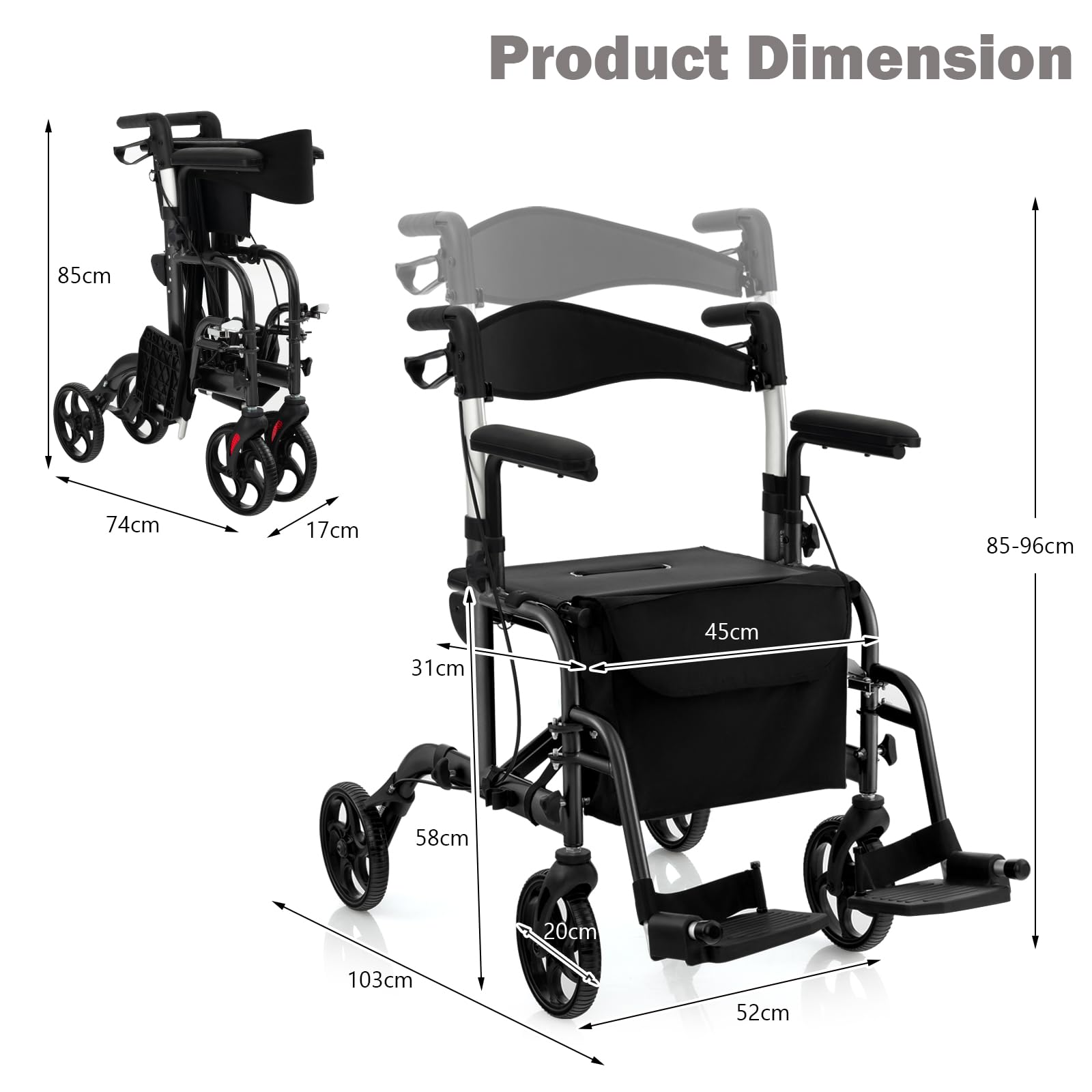 HOMASIS 2 en 1 Andador Plegable de Altura Ajustable con 4 Ruedas, Andador de Aluminio con Freno de Mano Portaparaguas, Asiento y Respaldo Reversible, para Personas Mayores, Carga 136 kg (Negro)