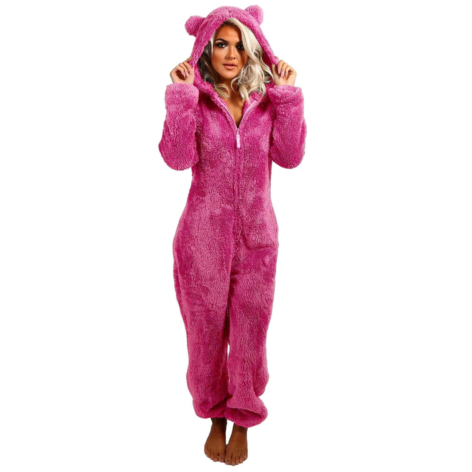 Hooded Plush Onesie Women's Winter Onesie - Fuzzy Hooded Jumpsuit With Shorts Plush Bodysuit Plush Sleepwear