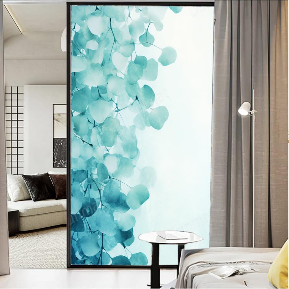 Colorful Leaves Window Privacy Film Tropical Beautiful Green Eucalyptus Stained Glass Window Film Sun Blocking Heat Control Decorative Window Covering Film for Home Office 23.6Wx35.4L inch