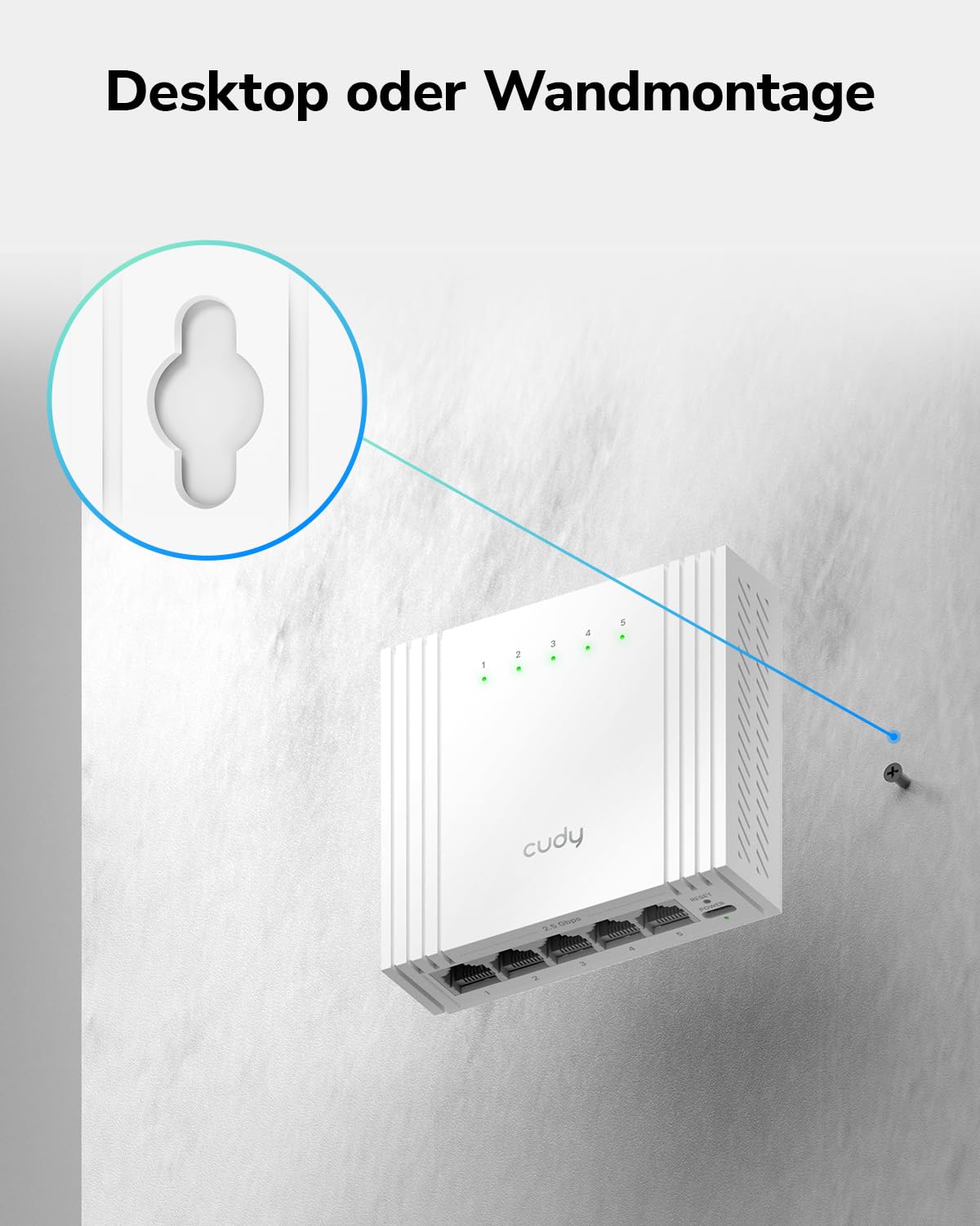 Cudy 5‑Port 2,5G Easy‑Managed Ethernet Switch USB‑C Strom HS105U | Websteuerung, VLAN, QoS, Loop Prevention, Cat5e, Silent, NAS, Gaming, Büro, Desktop-Setups, Wandmontage, Plug & Play