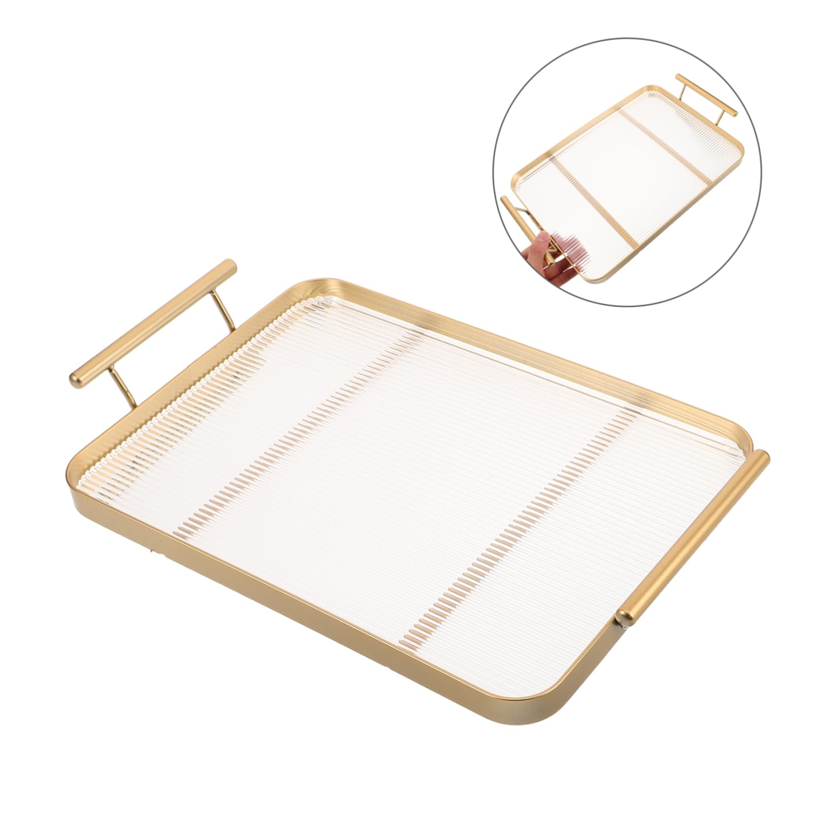 Bandeja Rectangular Acrílica Dorada con Asas, Elegante y Estable | Uso Multipropósito, Fácil de Limpiar, Patrón Horizontal Refinado, para Mesa de Comedor y Dormitorio