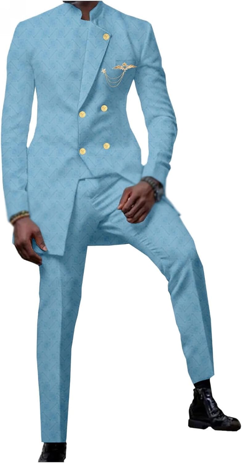 Ourmoon Mens African Outfit 2 Piece Set Dashiki Shirt and Pants Formal Traditional Clothing for Wedding Evening Tribal Suit