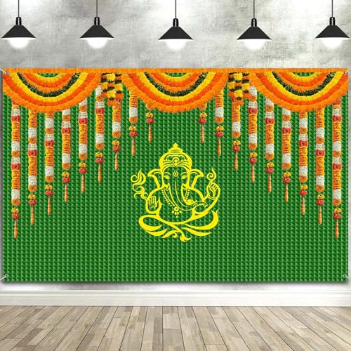 Image of 15x10FT India Pooja Traditional Backdrop Marigold Green Banana Leaf Chatiya Ganesh Traditional Festival Photography Background Puja Ganpati Wedding Party Decoration Photo Props