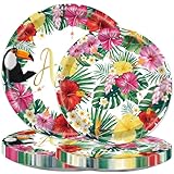 BASEMMAHER 32Pcs Hawaiian Disposable Paper Plates Tropical Luau Floral Green Leaf Dessert Dinner Tableware Summer Flower Plates Dinnerware Party Supplies for Hawaiian Birthday Wedding Party Decor