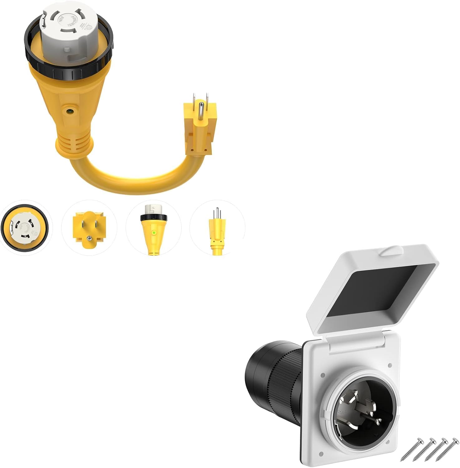 Kohree 50 Amp to 15 Amp 110V RV Power Adapter Cord 12", Bundle 50 AMP RV Power Plug Twist Lock Inlet 125/250V