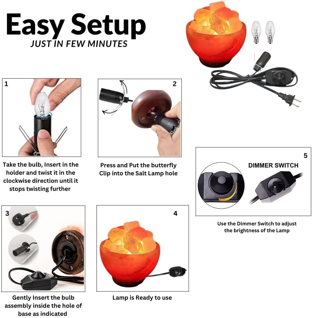 Himalayan Pink Salt Lamp Bowl with Chunks (BowlChunks) – Includes Dimmer Switch & 2 Bulbs, Unique Gift Idea