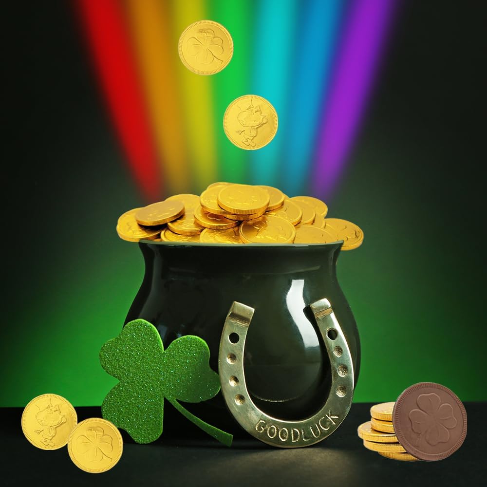 St. Patrick's Day 6 Bags 25 Chocolate Coins Gold Shamrock Coins Foils, Premium Belgian Milk Chocolate Clover Coins Resealable Bag, Nut-Free (6 Bags)