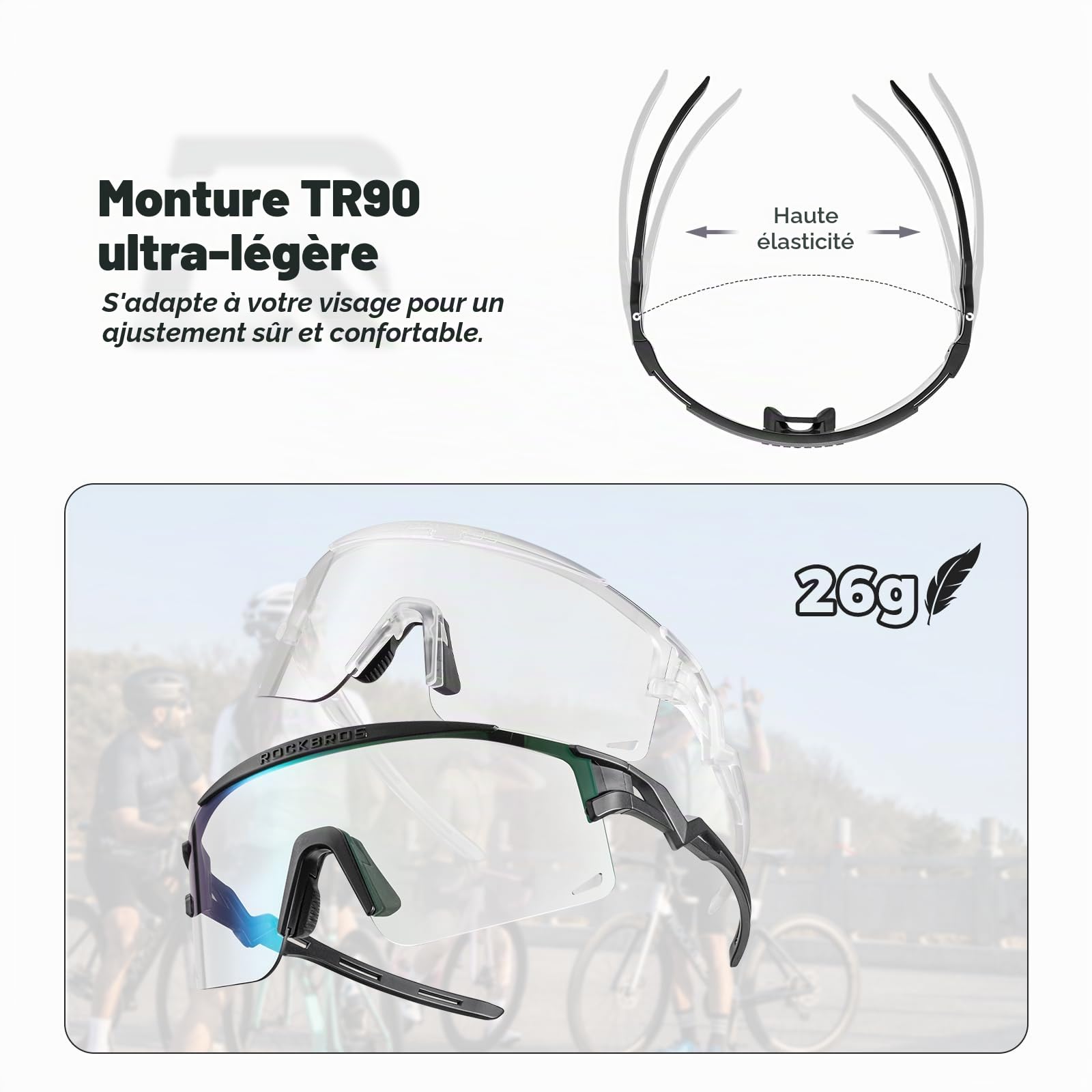 ROCKBROS Lunettes de cyclisme photochromiques lunettes de soleil de sport pour homme et femme Protection UV400 Monture TR90 Coupe-vent Accessoires de cyclisme Lunettes de vélo