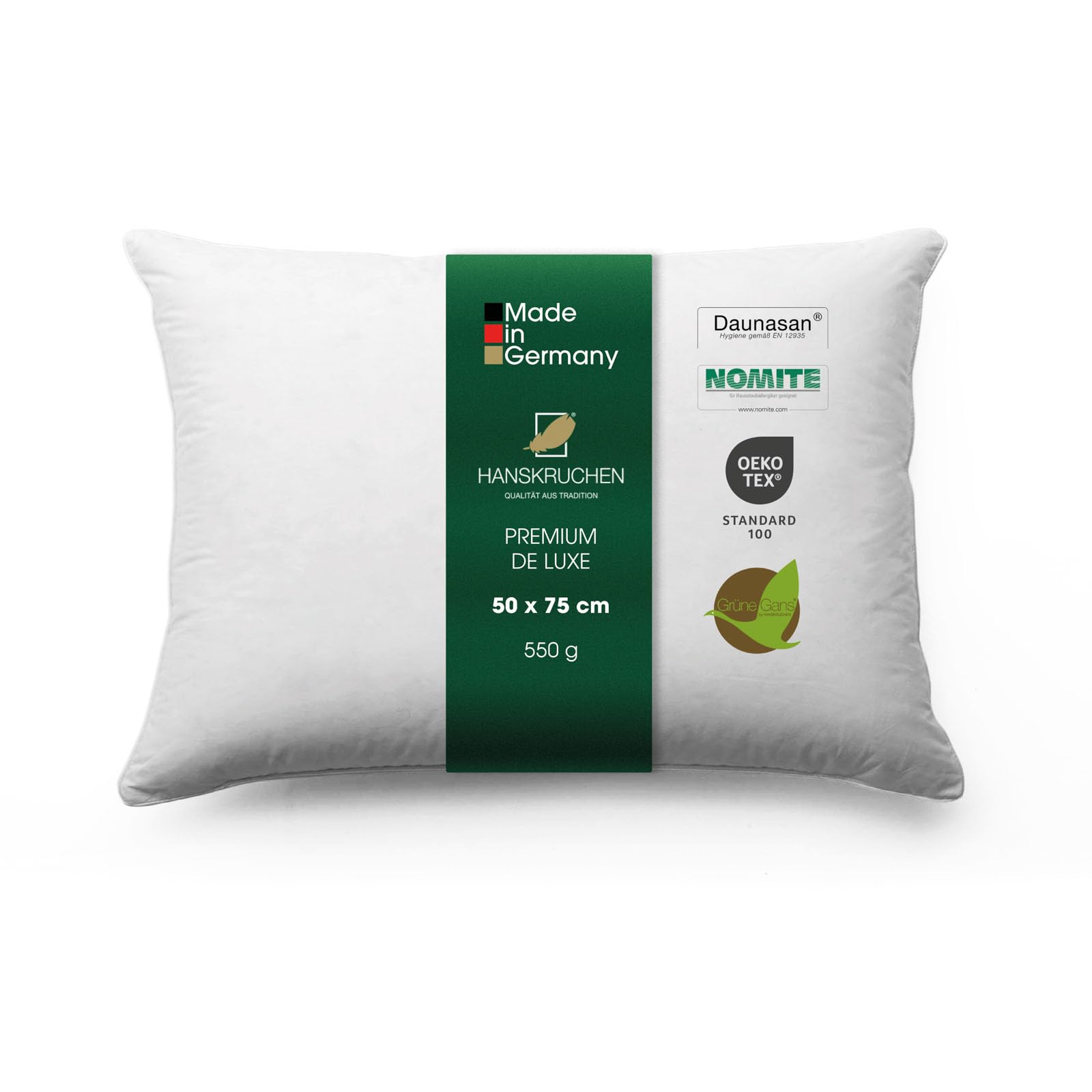 Premium de Luxe Almohada de plumón 50x75 cm - Fabricado en Alemania Almohada de plumas de 100% algodón - Almohada de plumón de 3 cámaras para alérgicos [1er Pack]