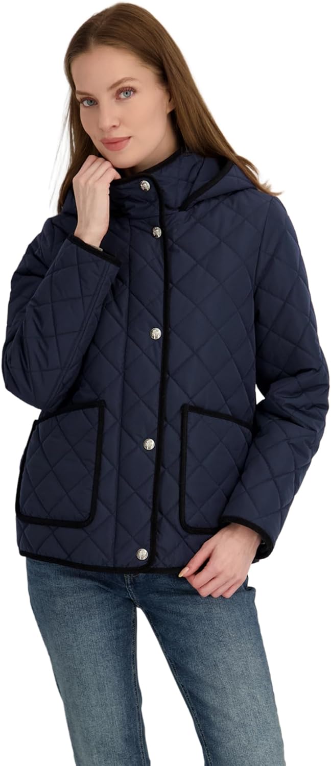 TAHARI Women's Rosie Hooded Quilted Jacket – Water-repellent Short Coat Detachable Hood