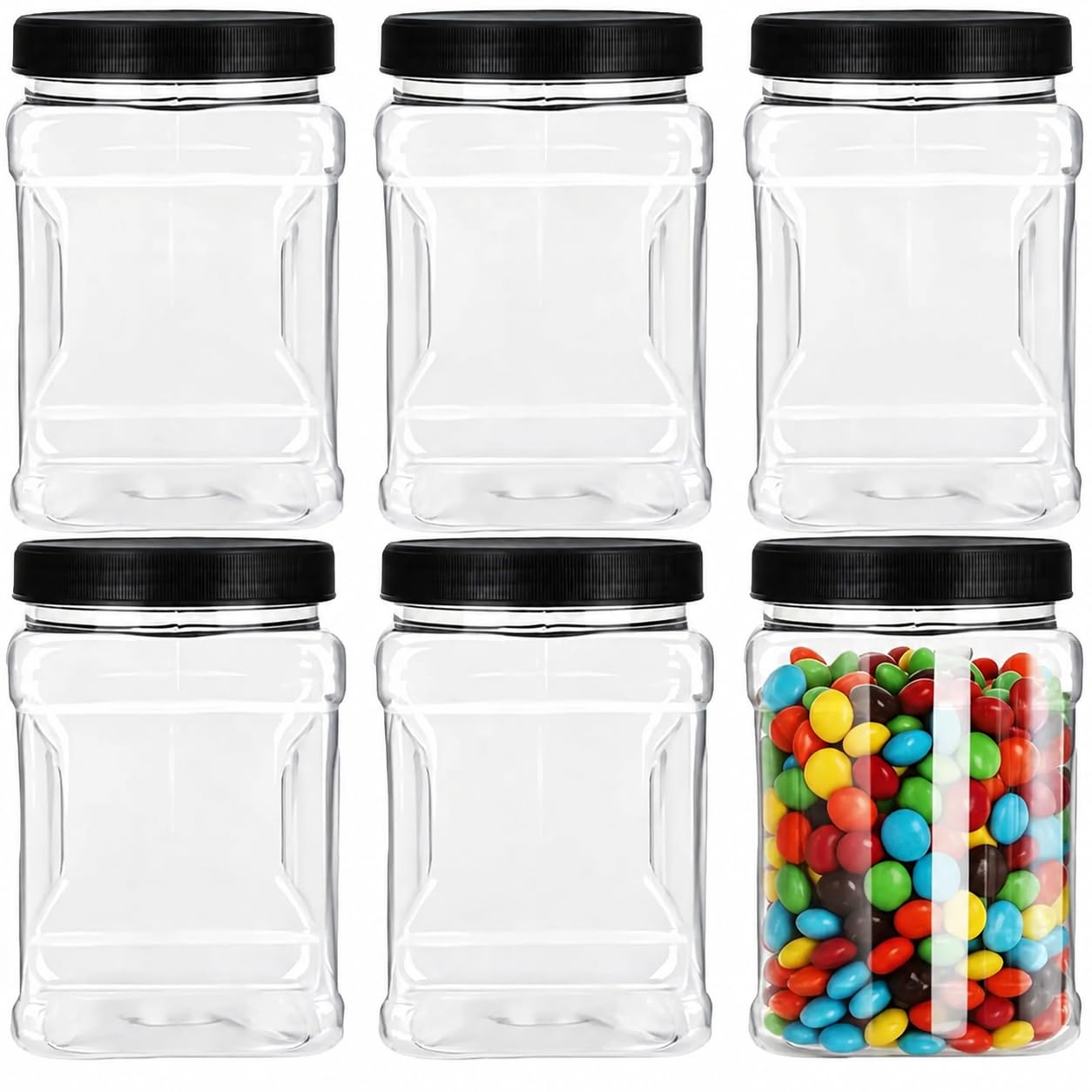 Lawei Confezione da 6 barattoli in plastica trasparente con coperchio, contenitori quadrati in plastica con manici facili da impugnare, per prodotti secchi, biscotti, caramelle e altro ancora