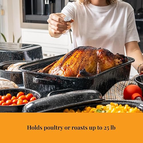 Miniatura 7 de Granite Ware Juego de tostador rectangular de 25 libras (10 unidades), incluye tapa, estante en V, paquete de 2 bolsas de salmuera, termómetro de