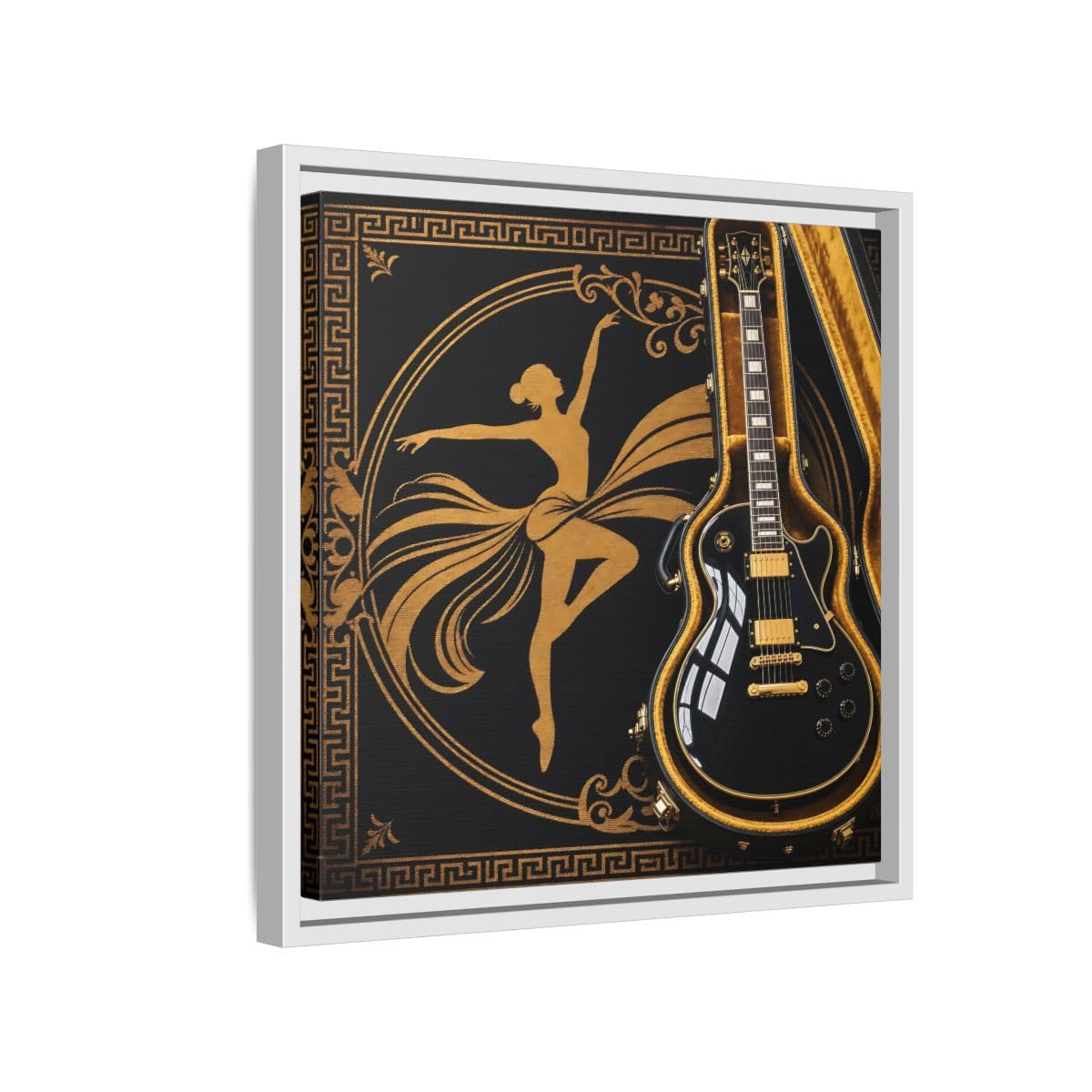 Vintage Dancer Guitar Black And Gold Framed Canvas Print – Art Deco Living Room, Above Fireplace 16×16 inch (40×40 cm) - Square/White / 1.25 inch (3 cm)
