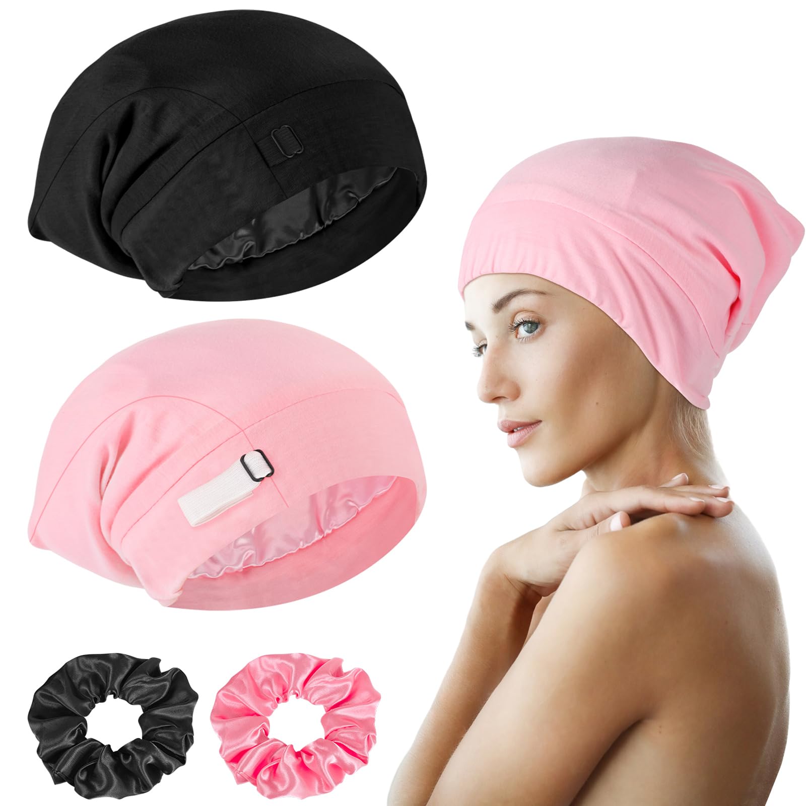 WSICSE 2 Packs Satin Bonnet for Sleeping, Adjustable Hair Bonnet Hair Cap Hair Wrap Sleep Hat with Scrunchies for Men Women Curly Hair Pink, Black