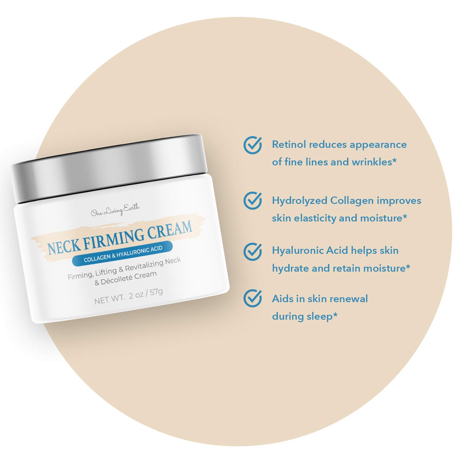 One Living Earth Neck Firming Cream - Anti Aging with Collagen, Hyaluronic Acid & Retinol - Saggy Neck Skin Tightener for Double Chin - Neck & Décolleté Moisturizer - 2 fl oz : Beauty & Personal Care