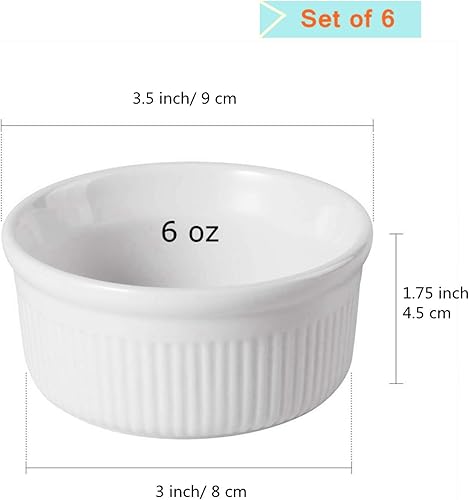 Miniatura 5 de ComSaf Tazones de porcelana para hornear (6 onzas), plato de soufflé para crema brulee, natillas, pudín, postre, helado, salsa de inmersión, juego
