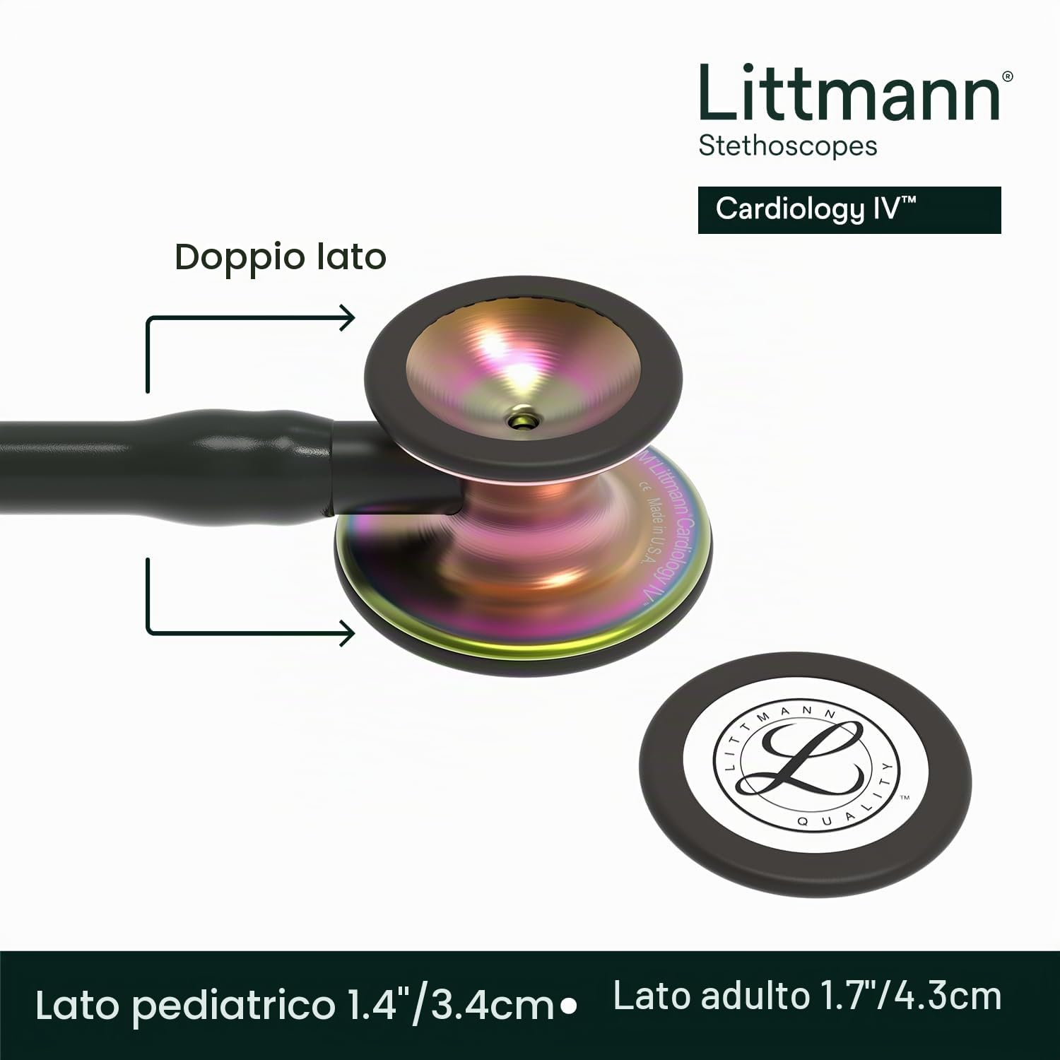 Littmann Cardiology IV Stetoscopio Professionale, 6165, Tubo Nero | Testina in acciaio inox Arcobaleno, raccordo nero e archetto nero. Per medici e studenti di medicina